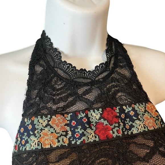 Free People Sheath Dress Black Lace Cocktail Party Floral Halter Embroidery US 6 - Picture 4 of 10